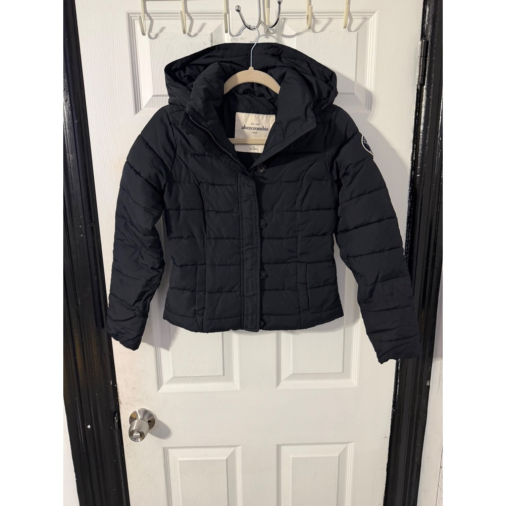 Abercrombie Kids Black Puffer Jacket Hooded Quilted Coat XL 15/16 Logo Patch